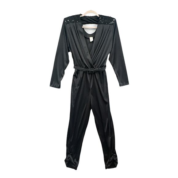 VTG 80s Black Jumpsuit Women 9/10 Sequin Disco Witchy Goth Party NYE Glam Goddes - Picture 1 of 16